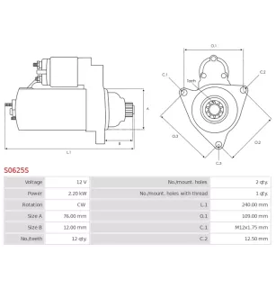 Démarreur 12V 2.20kW 12 dents AS-PL S0625S, UD02909S, BOSCH 0001153013, 0001153014, 0001153019