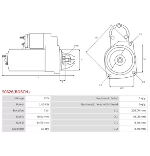 Démarreur 12V 1.60kW 10 dents AS-PL UD14302S, BOSCH 0001108217, 0001108218, 0001115008, 0986021260