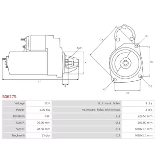 Démarreur 12V 2.00kW 13 dents AS-PL UD20329S, BOSCH 0001147408, 0001147409, 0986023290, CARGO 115339