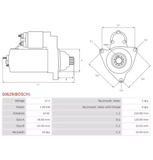 Démarreur 12V 1.00kW 10 dents AS-PL UD807321(BOSCH)S, BOSCH 0001121412, 0001121413, 0986022290, 1986S00790