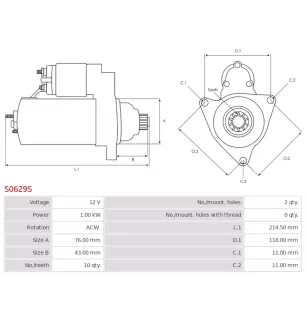 Démarreur 12V 1.00kW 10 dents AS-PL S0629S, UD00860S, BOSCH 0001121412, 0001121413, 0986022290