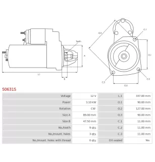 Démarreur 12V 3.10kW 9 dents AS-PL S0631S, UD13944S, BOSCH 0001367019, 0001367072, 0001369007