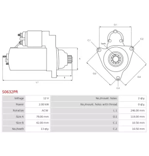 Démarreur 12V 2.00kW 13 dents Remplace BOSCH 0001153005, 0001153006, 0986026160, CARGO 115539, 116156