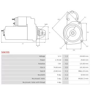 Démarreur 12V 1.70kW 9 dents AS-PL UD13935S, BOSCH 0001108206, DELCO DRS0373, VW 07C911023D, 07C911023F