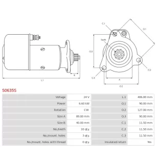 Démarreur 24V 6.60kW 10 dents AS-PL UD13997S, BOSCH 0001411004, 0001417015, CASCO CST10807, CST10807AS