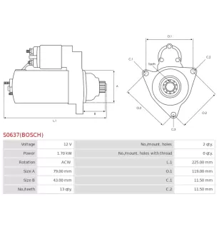 Démarreur 12V 1.70kW 13 dents AS-PL UD14659S, BOSCH 0001179506, 0001179507, 0001179518, 0001179519