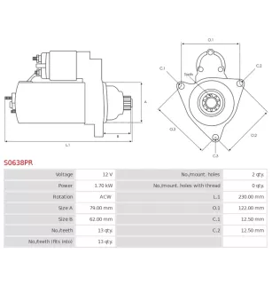 Démarreur 12V 1.70kW 13 dents BOSCH 0001179504, 0001179505, 0001179508, 0001179509, 0001179516