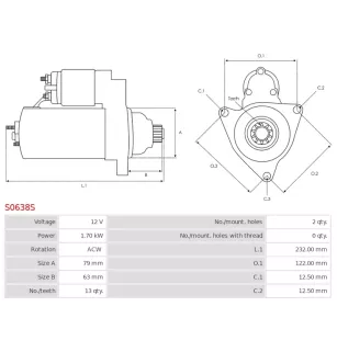 Démarreur 12V 1.70kW 13 dents AS-PL S0638S, UD14882S, BOSCH 0001179504, 0001179505, 0001179508