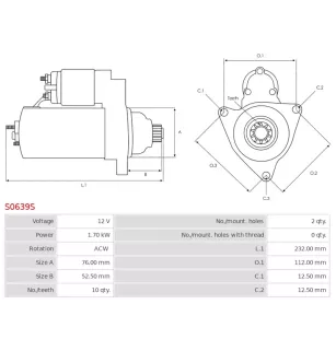 Démarreur 12V 1.70kW 10 dents AS-PL UD14270S, BOSCH 0001123026