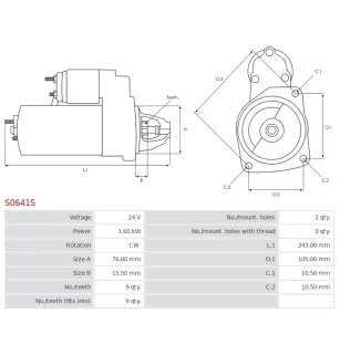 Démarreur 24V 1.60kW 9 dents AS-PL S0641S, UD13764S, BOSCH 0001111003