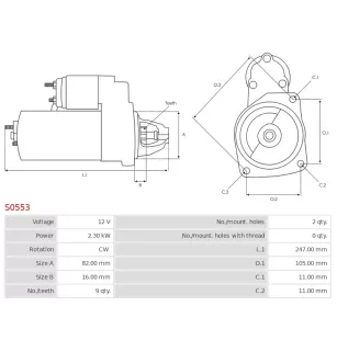 Démarreur 12V 2.30KW 9 dents BOSCH 0001109355, 0001109356