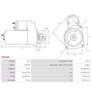 Démarreur 12V 1.90kW 9 dents AS-PL S0644S, UD14274S, BOSCH 0001354013, 0001354038, 0001366005