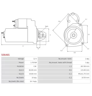 Démarreur 12V 1.70kW 10 dents BOSCH 0001110012, 0001110055, 0986013088