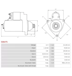 Démarreur 12V 1.10kW 9 dents AS-PL UD13765S, BOSCH 0001121032, 0001121033, 0986022510, CARGO 115542