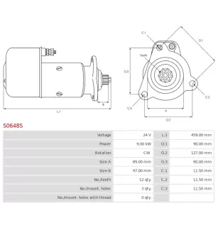 Démarreur 24V 9.00kW 12 dents AS-PL UD13769S, BOSCH 0001510028, DELCO 19024844, 3EFFE STRF183, CASCO CST10741