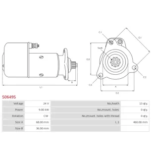 Démarreur 24V 9.00kW 13 dents AS-PL UD14276S, BOSCH 0001510004, 0001510005, DELCO 19024803, KHD 12028477