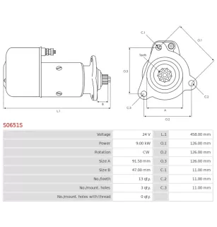 Démarreur 24V 9.00kW 13 dents AS-PL UD90386S, BOSCH 0001510033, B001510032, IVECO 8009534, 3EFFE STRF381