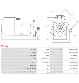 Démarreur 12V 3.60kW 9 dents AS-PL S0653S, UD14541S, BOSCH 0001418004