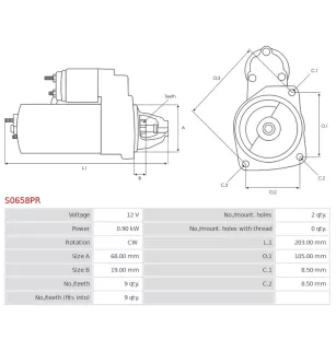 Démarreur 12V 0.90kW 9 dents Remplace BOSCH 0001106011, 0001106015, 0001107402, 0986018010, 0986018011