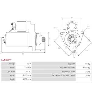 Démarreur 12V 2.00kW 11 dents Remplace BOSCH 0001123036, 0001123037, CARGO 115311, DELCO DRS0241, DS1351