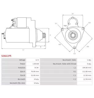 Démarreur 12V 1.00kW 10 dents BOSCH 0001120408, 0001120409, 0986020220, CARGO 114176, DELCO DRT0220