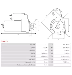 Démarreur 12V 2.20kW 11 dents AS-PL UD14273S, BMW 12417838020, 12417843526, 12417843530, BOSCH 0001148015