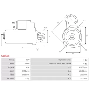 Démarreur 12V 2.70kW 9 dents AS-PL UD14275S, BOSCH 0001354031, 0001354095, 0001366025, 0986011190