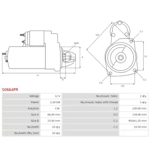 Démarreur 12V 1.20kW 10 dents Remplace BOSCH 0001107452, 0001107453, 0001108415, 0001108416, 0001108445