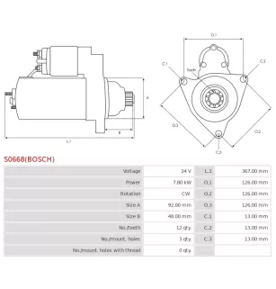 Démarreur 24V 7.80kW 12 dents AS-PL UD803049(BOSCH)S, BOSCH 0001330020, 0001330076, MERCEDES 0001330011, 0061510001