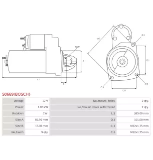 Démarreur 12V 1.80kW 9 dents AS-PL UD807282(BOSCH)S, BOSCH 0001110022, 0001110023, 0001110045, 0001110046