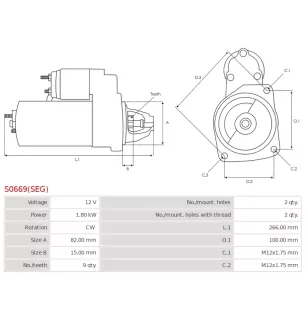 Démarreur 12V 1.80kW 9 dents AS-PL UD03946(SEG)S, BOSCH 0001110022, 0001110023, 0001110045, 0001110046