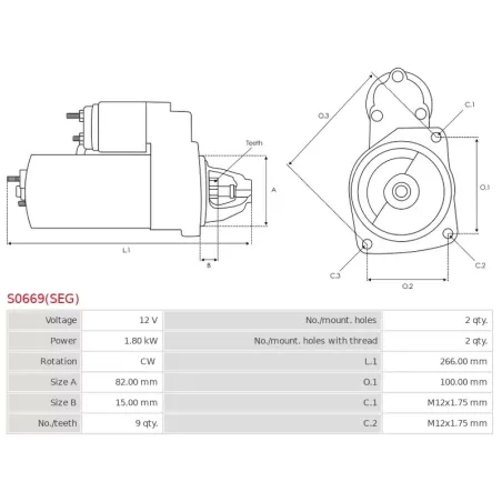 Démarreur 12V 1.80kW 9 dents AS-PL UD03946(SEG)S, BOSCH 0001110022, 0001110023, 0001110045, 0001110046