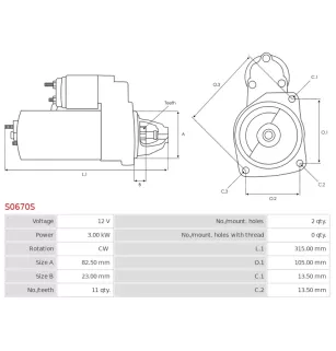 Démarreur 12V 3.00kW 11 dents AS-PL S0670S, UD14883S, BOSCH 0001262031, 0001262032, CARGO 116077