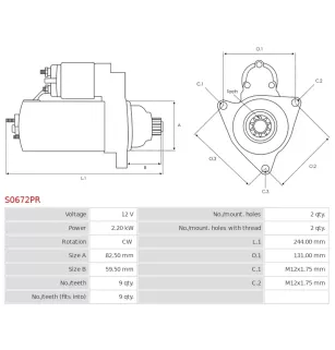 Démarreur 12V 2.20kW 9 dents BOSCH 0001125607, 0001125608, DELCO DRS0874, DS1984, VALEO 458813