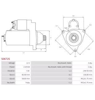 Démarreur 12V 2.20kW 9 dents AS-PL S0672S, UD20364S, BOSCH 0001125607