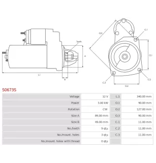 Démarreur 12V 3.00kW 9 dents AS-PL S0673S, UD14886S, BOSCH 0001359071