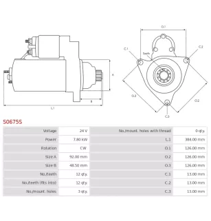 Démarreur 24V 7.80kW 12 dents AS-PL UD14884S, BOSCH 0001330057, 0986024990, MITSUBISHI M009T82671, M009T82672