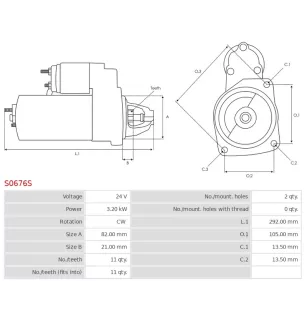 Démarreur 24V 3.20kW 11 dents AS-PL UD14885S, BOSCH 0001363105, ISKRA / LETRIKA 11.130.554, AZJ3172, IS0554