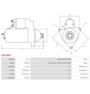 Démarreur 12V 1.80kW 10 dents BOSCH 0001110057, 0001110084, 0001110085, 0986016310, CARGO 112133