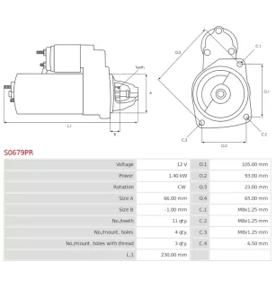 Démarreur 12V 1.40kW 11 dents BOSCH 0001108186, 0986013200