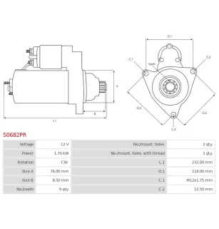 Démarreur 12V 1.70kW 9 dents BOSCH 0001123024, 0001123025, DELCO DRS0086, PORSCHE 95560410710, 95560410711