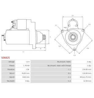 Démarreur 12V 1.70kW 9 dents AS-PL UD16907S, BOSCH 0001123024, 0001123025, DELCO DRS0086, PORSCHE 95560410710