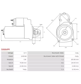 Démarreur 12V 0.90kW 9 dents BMW 12411489994, 12411517327, 12414542741