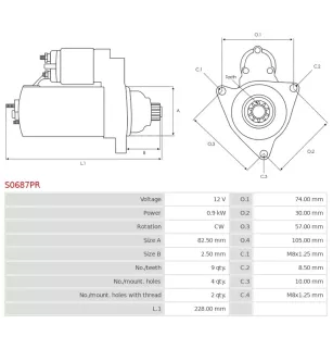 Démarreur 12V 0.90kW 10 dents BOSCH 0001120400, 0001120401, CARGO 113515, DELCO DRT0780, DT1890