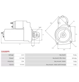 Démarreur 12V 0.7kW 9 dents Remplace BOSCH 0001112041, 0001116003