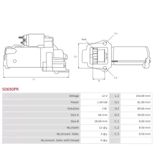 Démarreur 12V 1.40kW 12 dents BMW 12418571905, 12418577009, 12418581100, 12418587708, 8571905