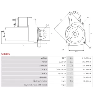 Démarreur 12V 2.60kW 9 dents AS-PL S0698S, UD15242S, BOSCH 0001109405, 1986S10035, CARGO 116369