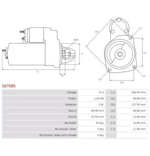 Démarreur 12V 2.20kW 10 dents AS-PL S0708S, UD20345S, BOSCH 9000453074, F000AL0138, FORD XC4511001CA