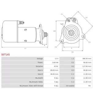 Démarreur 12V 3.60kW 9 dents AS-PL UD16659S, BOSCH 0001418016, CLAAS 6614040, 3EFFE STRF097, ELECTROLOG STR10152