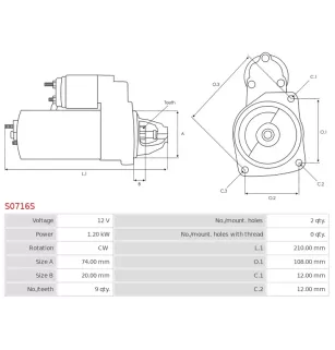 Démarreur 12V 1.20kW 9 dents AS-PL S0716S, UD20332S, BOSCH 0001107078, 0986022480, CARGO 110552